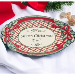 Fitz and Floyd Cookie Platter 'Merry Christmas Y'all" Handpainted Plaid Vintage